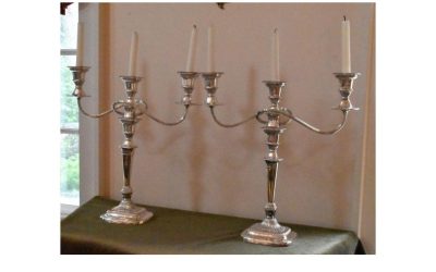 Pair of Plated Sheffield candelabra in late Georgian form