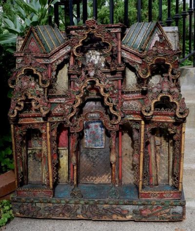 Chinese polychrome-decorated architectural panel, constructed with intricate basketwork and metal details.